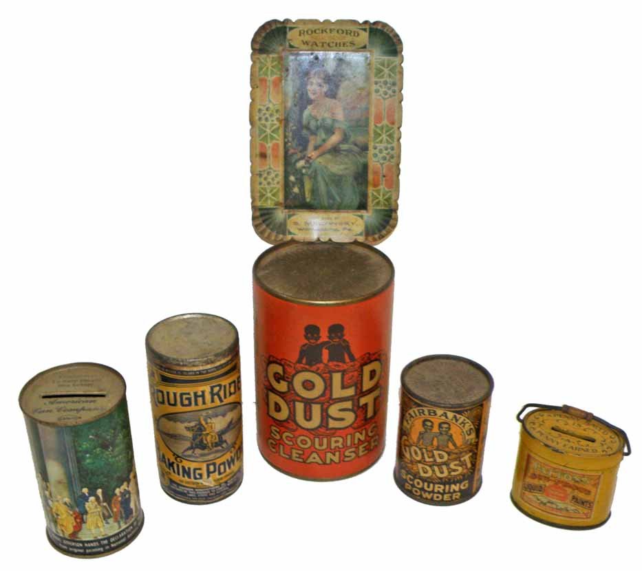 SIX ADVERTISING SMALLS: Two full cans of Gold Dust powder, full Rough Rider baking powder, a Patton's Paint bank, Rockford Watches tip tray, and a Canco Thomas Jefferson bank. Largest is 4 3/4" tall
