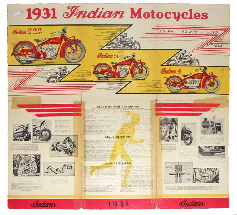 1931 INDIAN MOTORCYCLE BROCHURE: Fold out brochure promoting various models. Some wear and tape repair to fold lines. 18 1/4" x 17"
