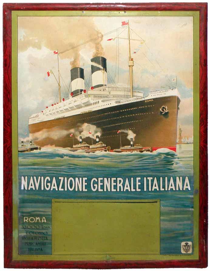 TIN LITHO SIGN FOR STEAMSHIP ROMA: Sign is also a calendar holder. Nice lithography but repaired on reverse to front bottom section. 19 1/4" x 13 1/2"