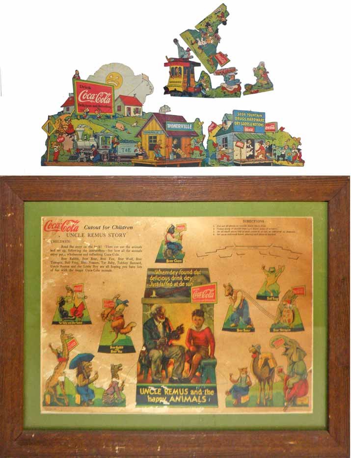 COCA-COLA UNCLE REMUS AND TOONERVILLE CUTOUTS: 1930's Uncle Remus is uncut. Has scattered insect damage to surface and seperation to lower right corner. Mounted in two sided frame. Toonerville set has been punched. Largest 19" x 14"