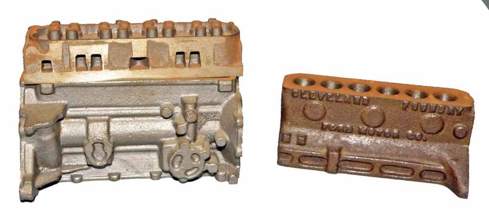 TWO MINIATURE CAST IRON ENGINE BLOCK DESK MODELS: Inline Six Ford from Cleveland Foundry and Four Cylinder with separate cylinder head. Minor surface wear. Largest is 4 1/2" long.