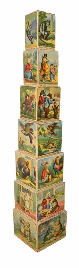 McLOUGHLIN BROS. NEST OF PICTURE AND ABC BLOCKS: Complete set. Paper litho on wood blocks. Consists of seven blocks. Some chipping and paper loss. Largest 7" x 6"