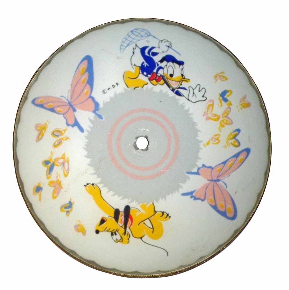 DISNEY REVERSE ON GLASS LIGHT COVER: 1950's ceiling fixture cover. Has some minor scuffing to outside. No damage to graphics. Couple small chips at mounting hole. 11" diameter
