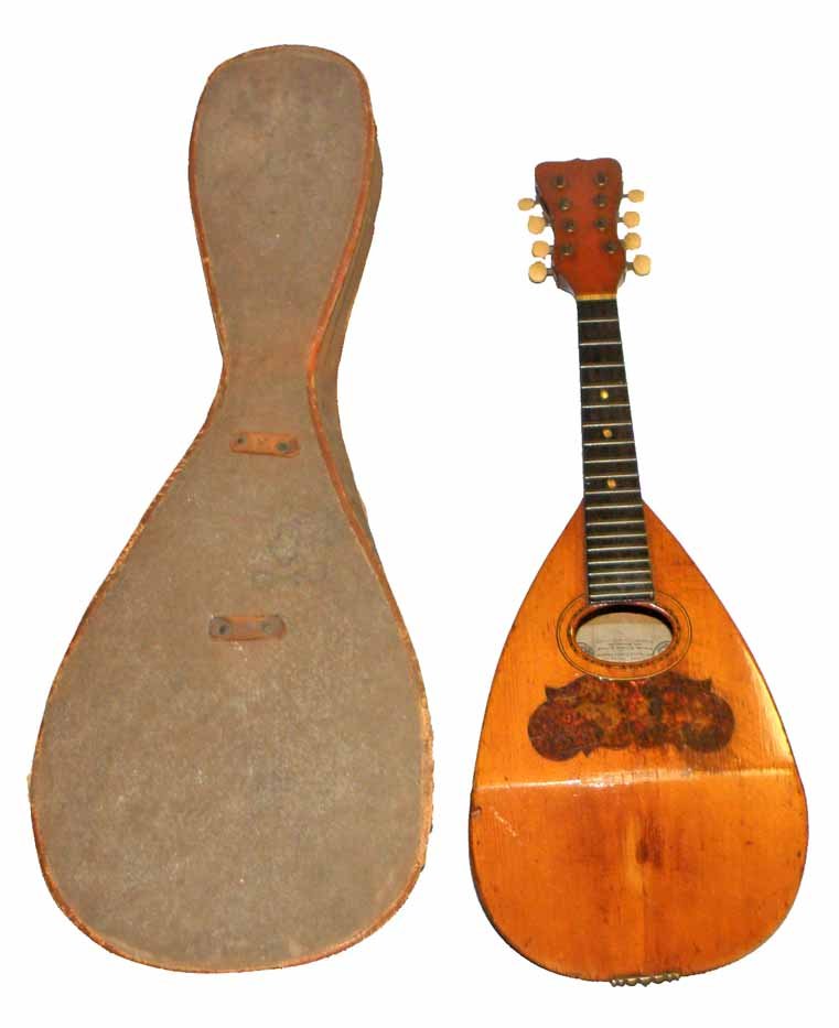 BOHMANN BOWL BACK NEOPOLITAN MANDOLIN: Comes in original case. Made by Joseph Bohmann in Chicago. Very nice original finish with tortoise shell pick guard. No splits to wood, neck is nice and straight. Original tuning pegs. Ebony fret boar