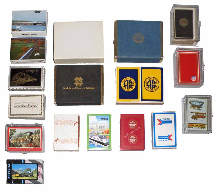 17 DECKS OF RAILROAD PLAYING CARDS: All open. Railroads include; Norfolk & Western, Alaska, Nickel Rate Road, Seaboard, Union Pacific, etc. Varies