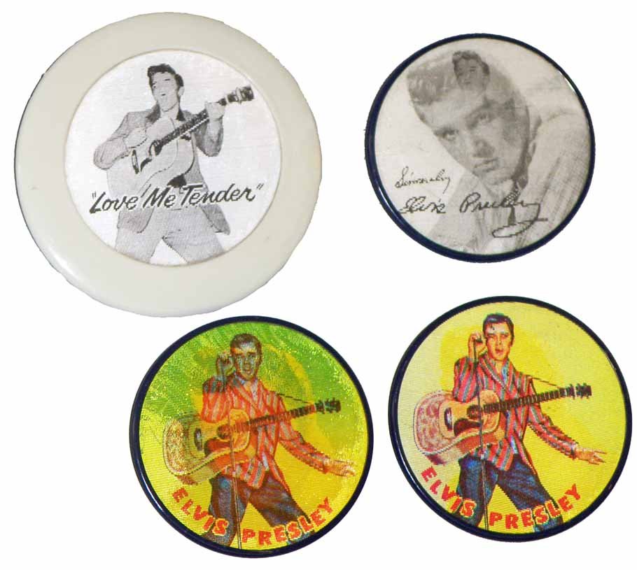 ELVIS PRESLEY FLASHER PINBACKS: 1960s Vari-Vue original flasher buttons. Two color, two black and white. Largest 3-1/2" diam.