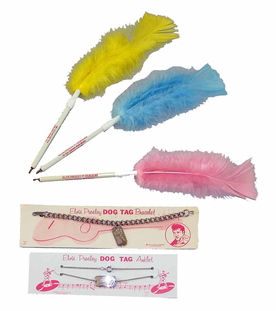 FIVE PIECES ELVIS PRESLEY MEMORABILIA: Two 1950s Dog Tag bracelets on cards and three 1965 promotional pins for "Tickle Me". Largest 10" long