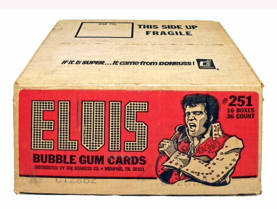 UNOPENED CASE DONRUSS ELVIS PRESLEY BUBBLEGUM CARDS: Box No. 251 contains 16 display boxes with 36 gum packs per box. Case has never been opened. Box marked C128B2. Box shows some age and surface wear. 16" by 11" by 8-1/2"