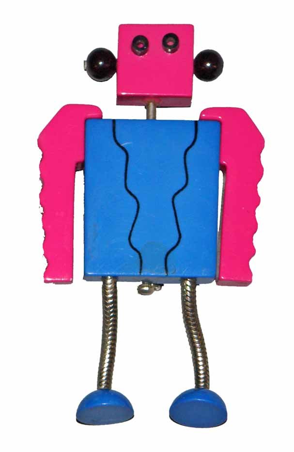 SCARCE ROBOT BROOCH: Designed by Francois Schoenlaub, made by Guillemette L'Hoir, Paris. 1970's articulated robot pin. Minor surface wear. 3" tall