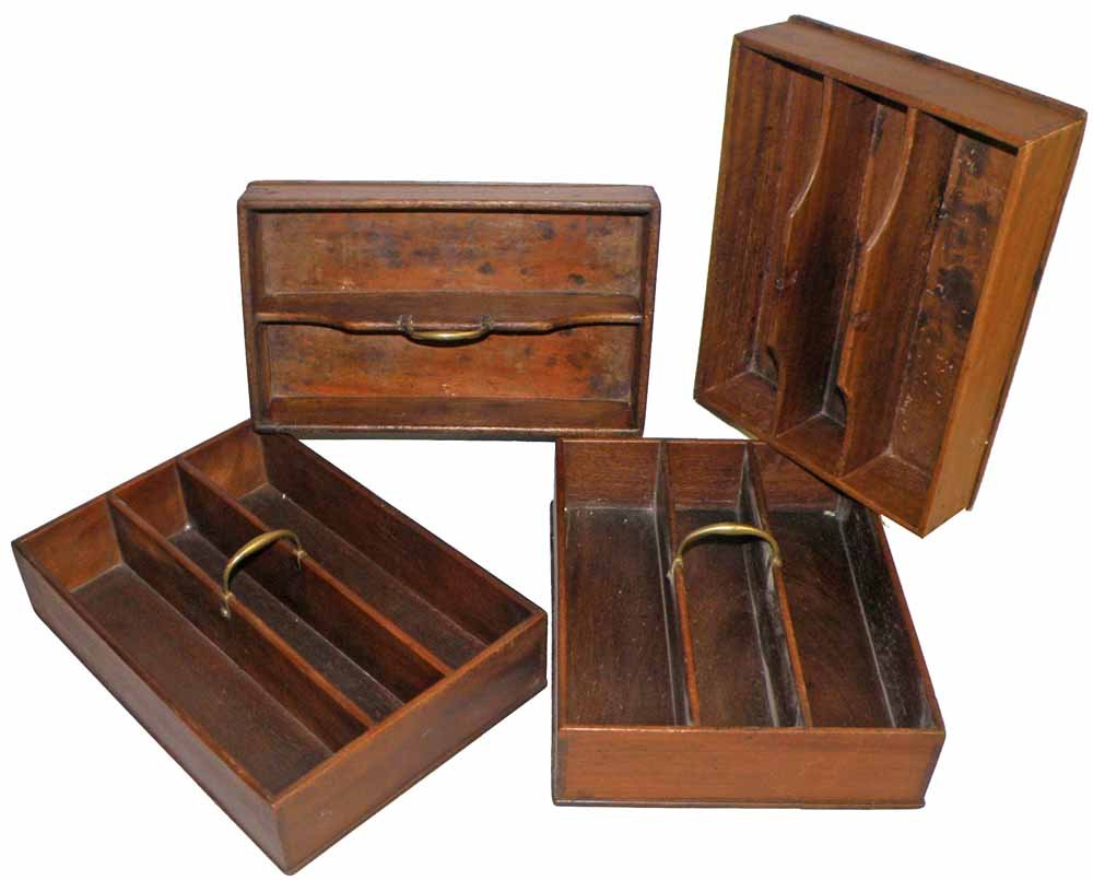 FOUR BUTLER'S CUTLERY TRAYS: First half of the19th Century English Mahogany. One tray is missing brass handle. Show age and use wear. Largest is 16-1/2" long