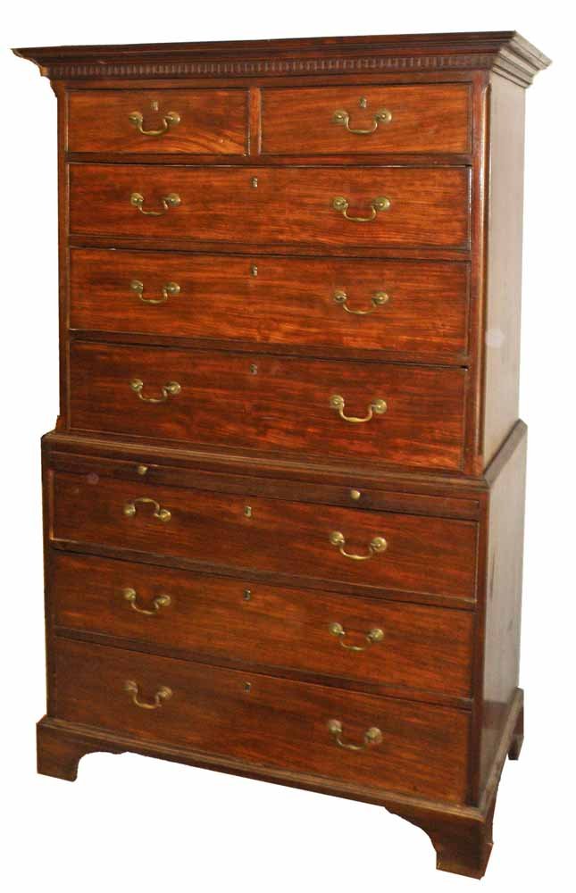 GEORGE III MAHOGANY CHEST ON CHEST: C-1780, retains original brasses. Top cornice with dental molding. Old refinish to surface. Beautifully crafted. Shows typical age and use wear. 71" tall, 42" wide, 45" wide at cornice, 23" deep