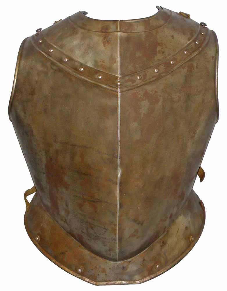18th CENTURY ARMOR BREASTPLATE: Riveted and hand welded four piece construction with prominent mid ridge. Nicely made with remnants of leather strapping. From the same castle as previous lot. Brought home from Germany by WWII GI. 16
