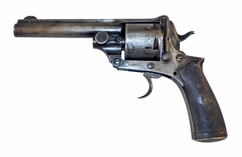 DOUBLE ACTION BELGIUM PISTOL: Chambered for .455. Sold by Frederic T. Baker, London. Serial No. 1579. Barrel is 5-1/4". Cylinder has Belgium proof mark. Trigger return spring defective. Shows signs of cleaning. 10" long
