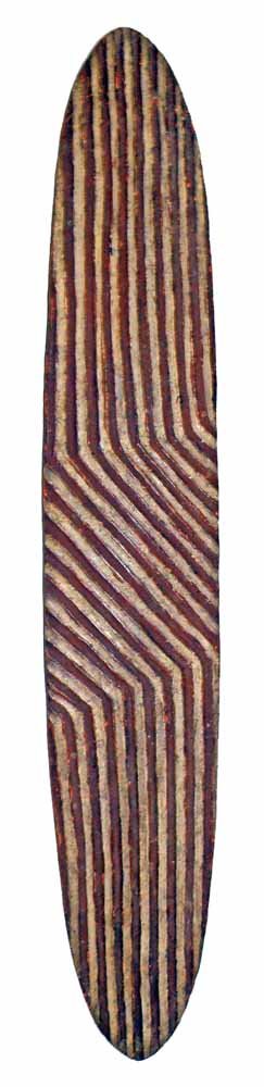 AUSTRALIAN ABORIGINAL SHIELD: 19th Century carved wood with painted front. Front painting possibly redone. Provenance; Tribal Mania. 33" long and 5-3/8" wide