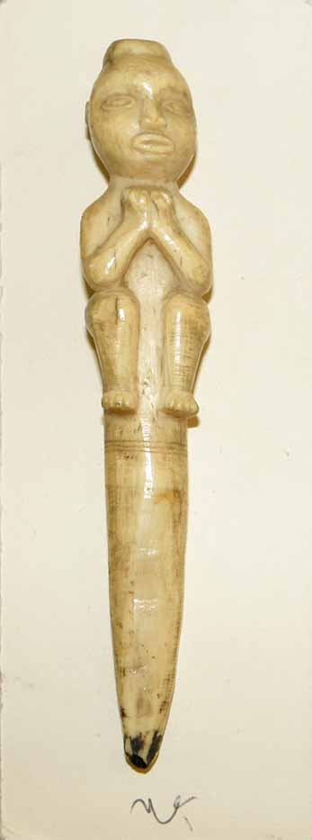 CARVED AFRICAN IVORY FIGURE: Ex Jay C. Leff Collection, Uniontown, PA. Carved by Balrongo Tribe, Zaire (Republic of Congo), Africa. Gifted to Hickory Museum of Art Assoc. in 1954. Typical age splits to ivory. 5-1/2" long