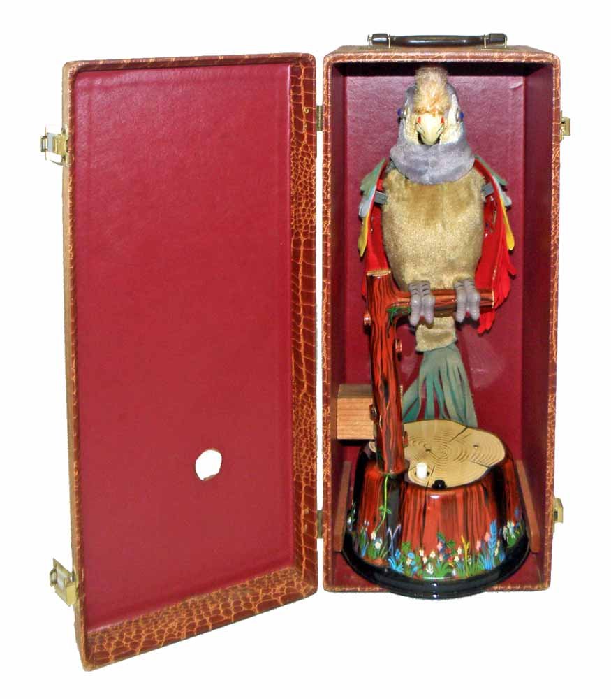RARE SALESMAN SAMPLE MARX PETE THE PARROT: Comes in factory made distributor's case. Factory conversion to 9 volt battery. Label on base reads ,"property of Jas. Barclay & Co., Limited - Not For Release. Some wear to tree trunk from retaining