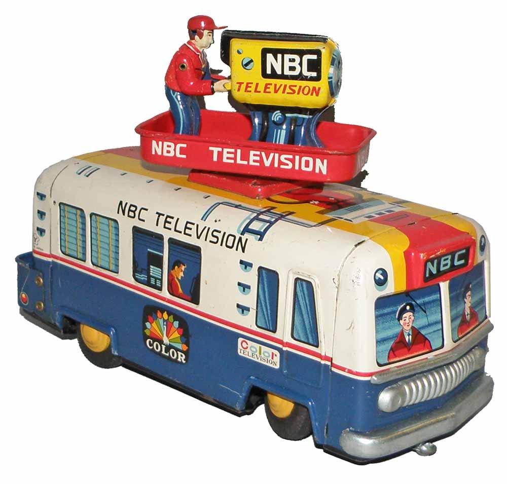 BATTERY OPERATED NBC TELEVISION TRUCK: Made by Yonezawa, works fine. Cameraman missing easily replaced lenses from camera. Light play wear. 9" long