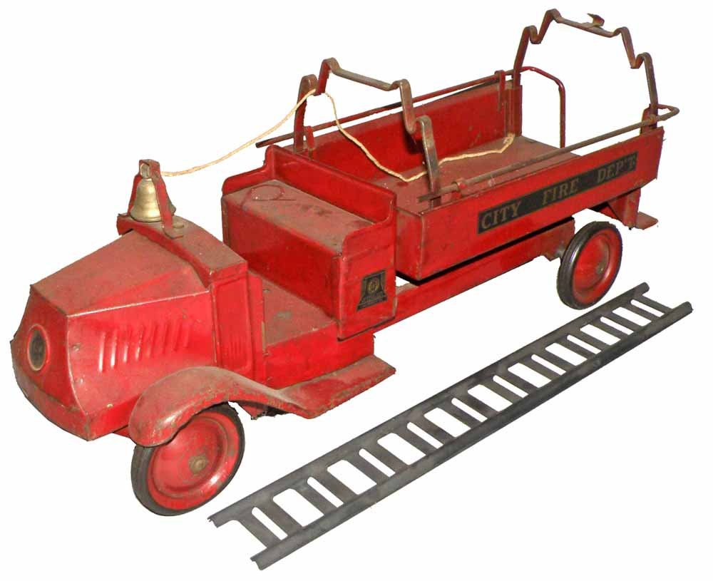 STEELCRAFT 'LITTLE JIM' FIRE TRUCK: Retains original JC Penney 'Little Jim' decals. All three ladders are replaced. Scattered chipping to original paint. 24" long