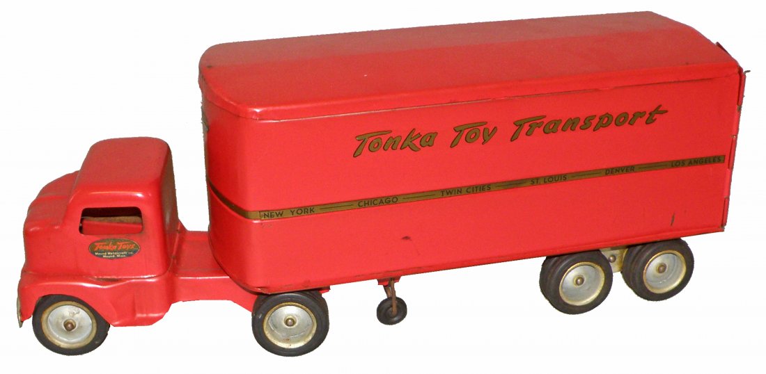 TONKA TOY TRANSPORT: C-1950, all decals are complete. Minor surface wear. 22" long