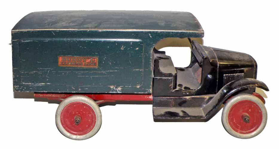 BUDDY L EXPRESS TRUCK: Original truck, No. 204, is missing rear doors. Scattered paint wear and scratching. Some chipping to original decals. 24-1/4" long