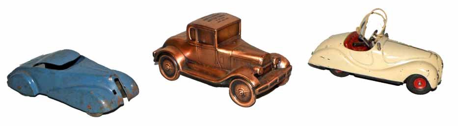 THREE TOY CARS: Includes; pre war Schuco 4001, working, streamline coupe, missing grill, Banthrico Model A coup. Largest 3"