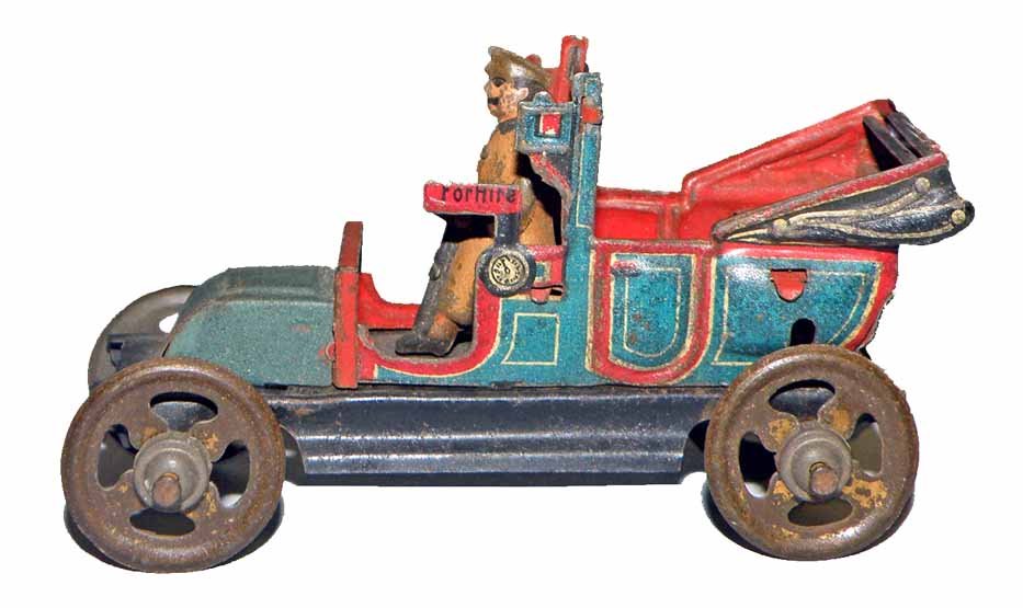 PENNY TOY TAXI CAB: Distler open car in the form of a Renault. Some surface wear. 3-1/4" long