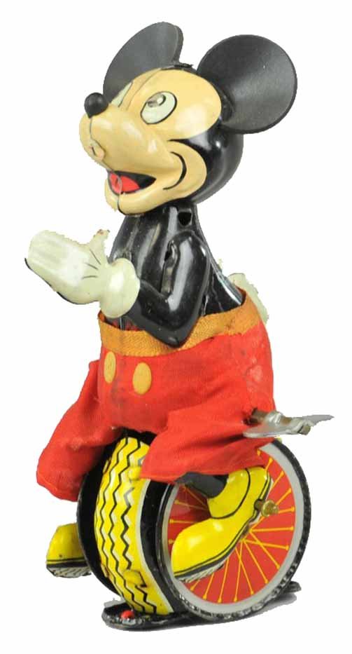LINEMAR MICKEY MOUSE UNICYCLIST: Very minor playwear. Works fine. 5-1/2" tall