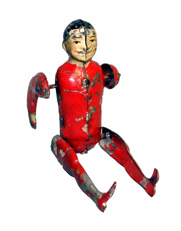 GERMAN HAND PAINTED TUMBLING ACROBAT: Wind-up toy works fine. Scattered paint loss, mostly to left leg. 6-3/4" tall