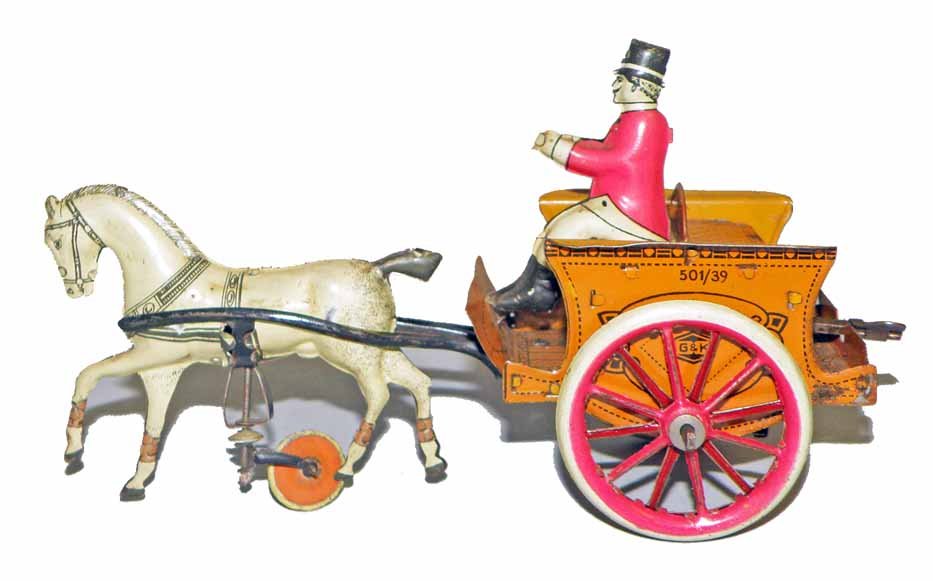 GEPPERT & KELCH HORSE DRAWN CART: Retains original driver. Light play wear. Some spotting to rear seat area. 7" long