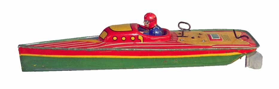 LINDSTROM SPEED BOAT: Tin litho wind-up works fine. Has replaced rudder. 14-1/2" long
