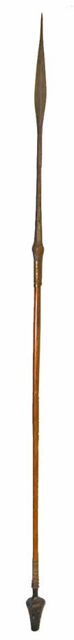 AFRICAN SPEAR: Late 19th early 20th century wood shaft spear with forged iron point and decorative copper wrapping. 60" long