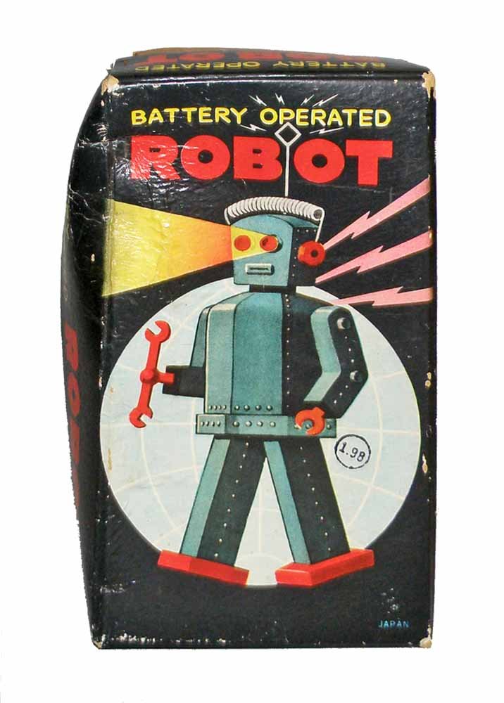 SCARCE BOX FOR ZOOMER ROBOT: Hardest box version to find for the classic Japanese Robot. Box has original $1.98 price tag. Lid has some creasing which could be easily straightened out. Light wear to edges and corners.8 1/8" Tall 