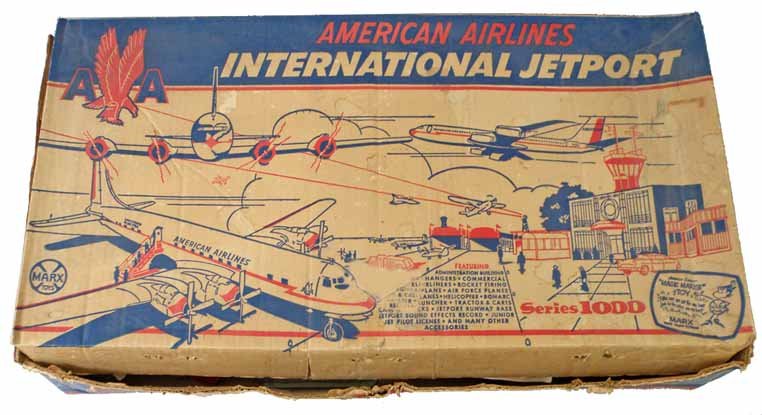 BOXED MARX INTERNATIONAL JETPORT PLAYSET: Set No. 4811, Series 1000, possibly complete, with instructions, one plane has broken tail fin. Complete original box shows some wear. Box is Good to Very Good.31'' x 15 1/2''