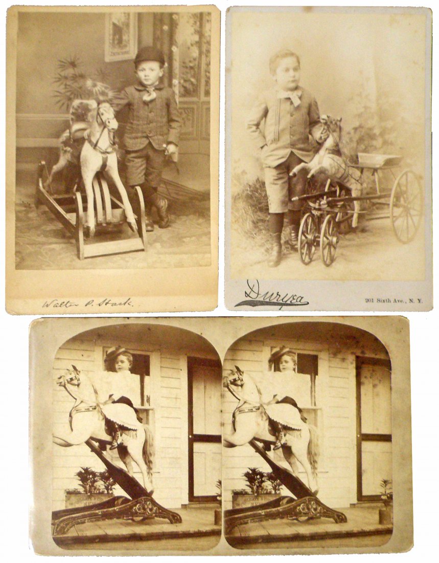 THREE EARLY PHOTOS OF CHILDREN WITH HORSES: Two cabinet cards. Boy with rocking horse identified as Walter P. Stark. A boy with a Horse and Sulky, from New York and a stereo view of girl on a great cantilevered spring rocker. Light aging and we