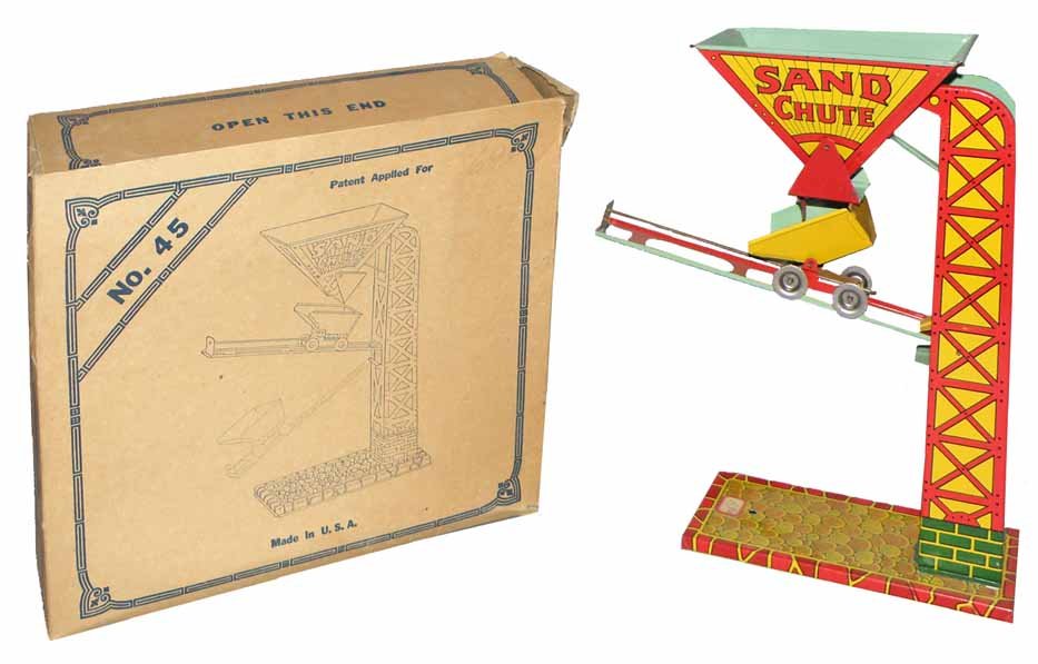BOXED CHEIN SAND CHUTE: Tin toy appears to have never been played with. Complete original box with minor wear. Box - Fine.10" Tall
