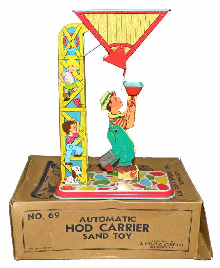 BOXED CHEIN HOD CARRIER SAND TOY: Tin toys appear to have never been played with. Shows box and age wear only. Original box complete but with minor warping. Box - VG/Fine.10 1/2" Tall