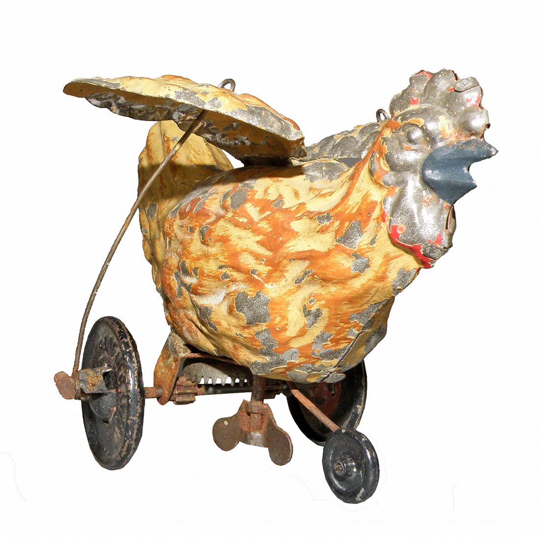 HAND PAINTED CHICKEN: German tin wind-up works fine. Minor paint loss.4 1/2" Long