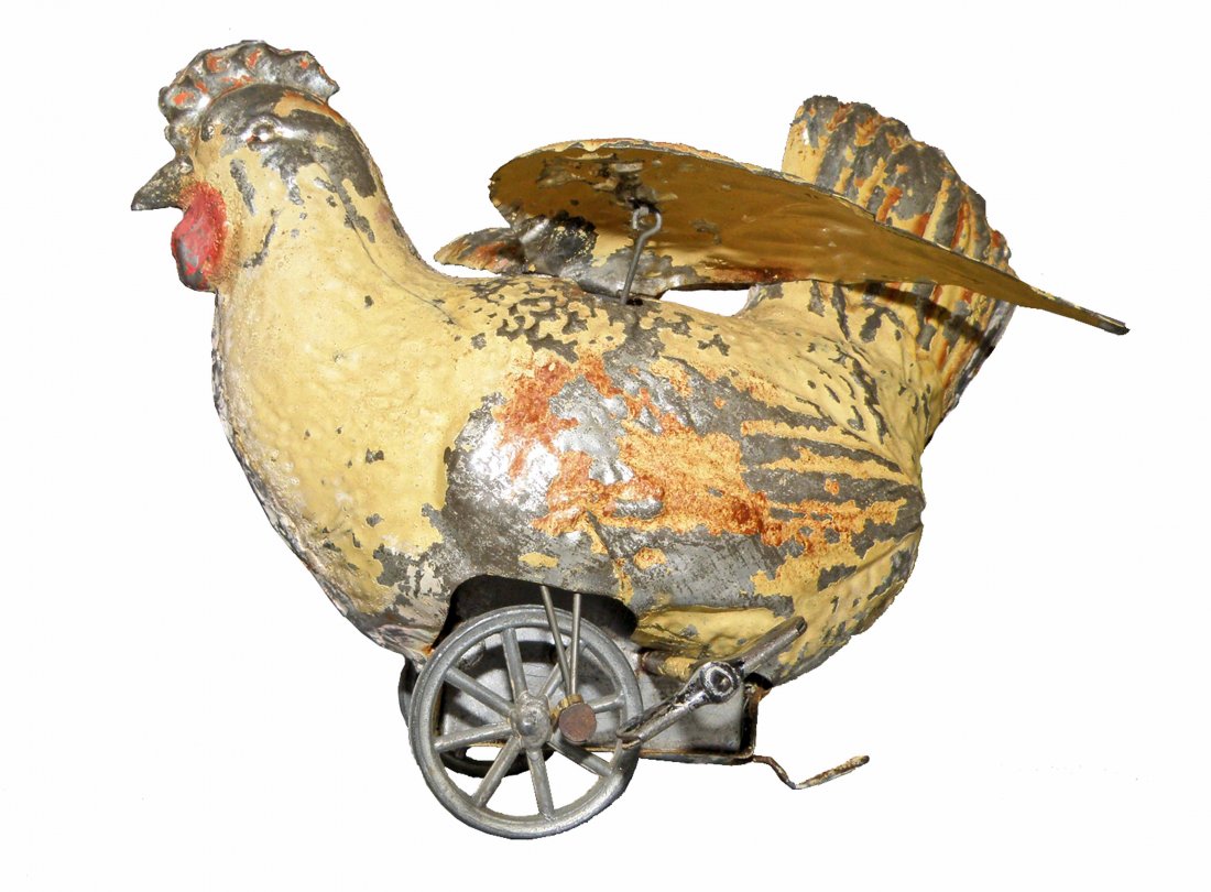 HAND PAINTED WINDUP CHICKEN: German toy with flapping wings. Works fine. Scattered paint loss.6" Long