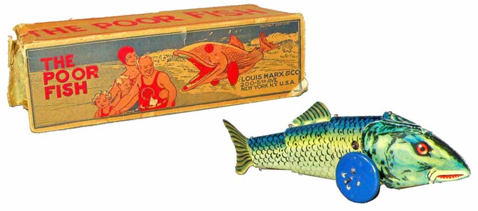 BOXED MARX "THE POOR FISH": Scarce tin wind-up works fine. Slight wear. Box missing all end flaps. Box condition Poor - Fair.8 1/2" Long