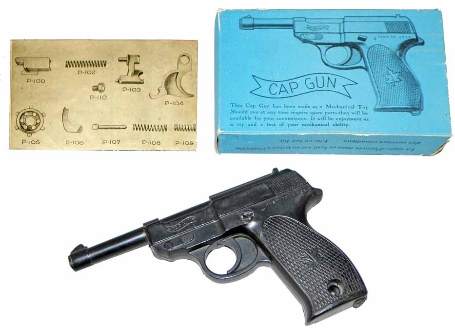 SCARCE BOXED CAP GUN: Unfired cap gun by Last Minute Manufacturing Co., Canada. Comes with first set of instructions and box we have seen with this gun. Box has some wear. Box - VG.5 1/2" Long