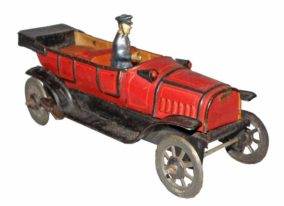 TIN WIND-UP TOURING CAR: Unmarked but probably by Distler. Retains original driver. Some scattered scratching and minor surface spotting to tonneau. Toy works fine.8 1/2" Long