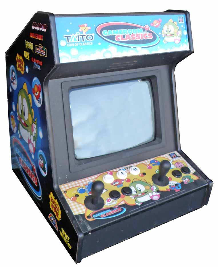 COUNTERTOP VIDEO GAME BY TATIO: Dated 2005. Contains ten games including; Space Invaders, Jungle Hunt, etc. Original shipping box. Minor rust to case. Not tested.25" Tall x 23" Deep x 17 1/2" Wide