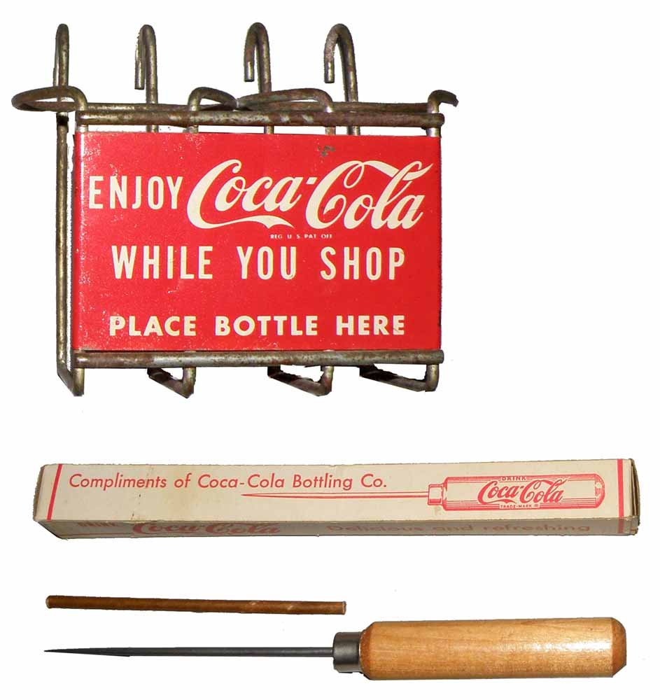 TWO COCA COLA ITEMS: MIB ice pick and shopping cart bottle holder. Bottle holder shows some wear.Largest 9 1/4” Long