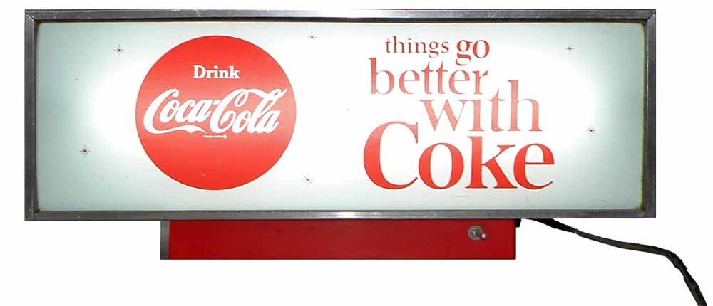 TWO SIDED COKE COLA LIGHT UP SIGN: Has the original glass panel on both sides. Stainless steel and painted housing. Works fine. Probably 1960's.23 1/2" Long x 10" Tall x 3 1/4" Deep