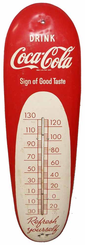 COCA COLA THERMOMETER: Surface wear and scuffing. Mounting holes slightly indented from use.30" Tall x 8 1/4" Wide