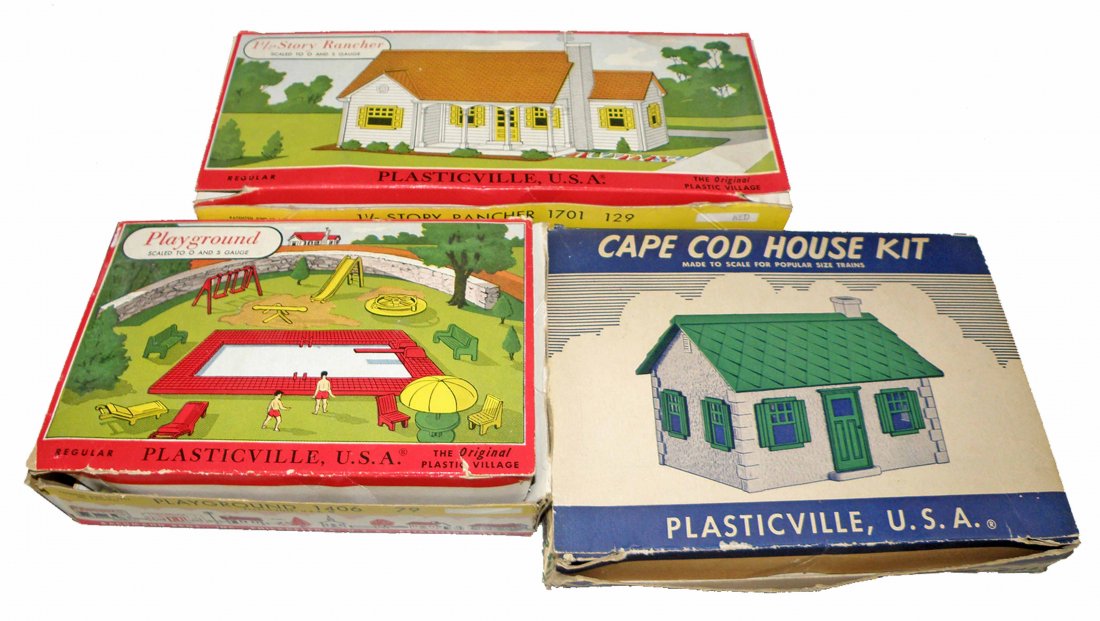 THREE BOXED PLASTICVILLE SETS: #1406 Playground, #HP9 Cape Cod Cottage, #1701 Rancher. All appear complete. Boxes - Good - VG.Largest 10" Long