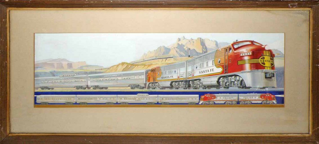 RARE ORIGINAL LIONEL TRAIN CATALOG ART: Original Gouache on artist's board of the Santa Fe Super Stream Liner. The painting was created for the 1952 Lionel Catalog. PLEASE NOTE: This art was also used as the cover image for the 1953 Canadia