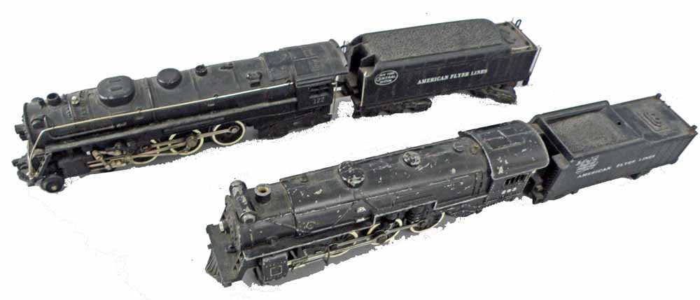 TWO AMERICAN FLYER LOCOMOTIVE AND TENDERS: #322 New York Central, #293 New York, New Haven and Hartford. Some play wear. Not tested.Largest 18" Long