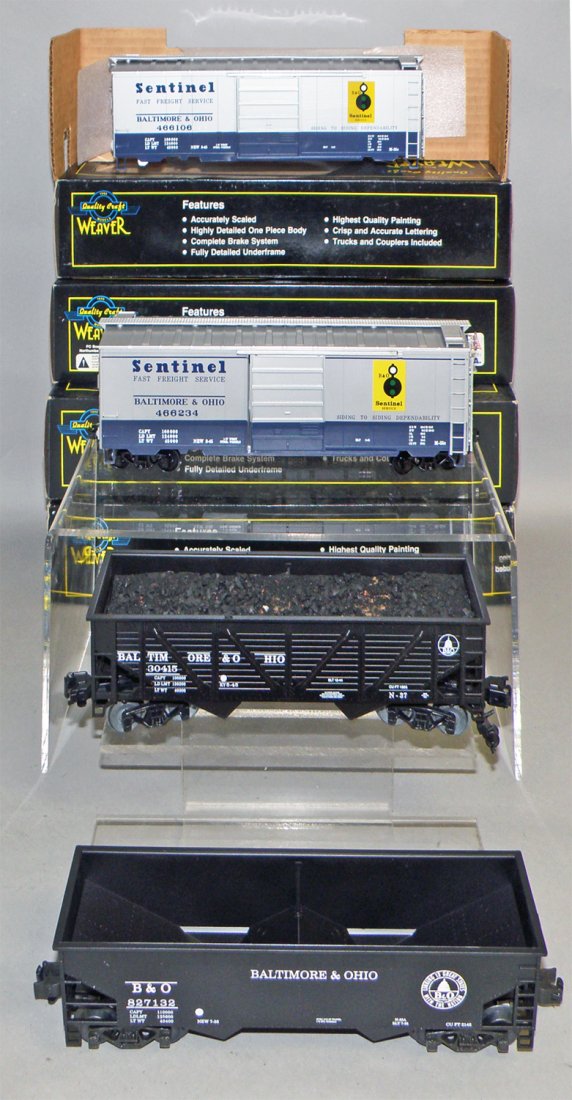 FOUR BOXED WEAVER B&O FREIGHT CARS: Unused. Two bay offset hopper, two bay composite hopper, 2 - Sentinel box cars. Size: 10 1/2" long