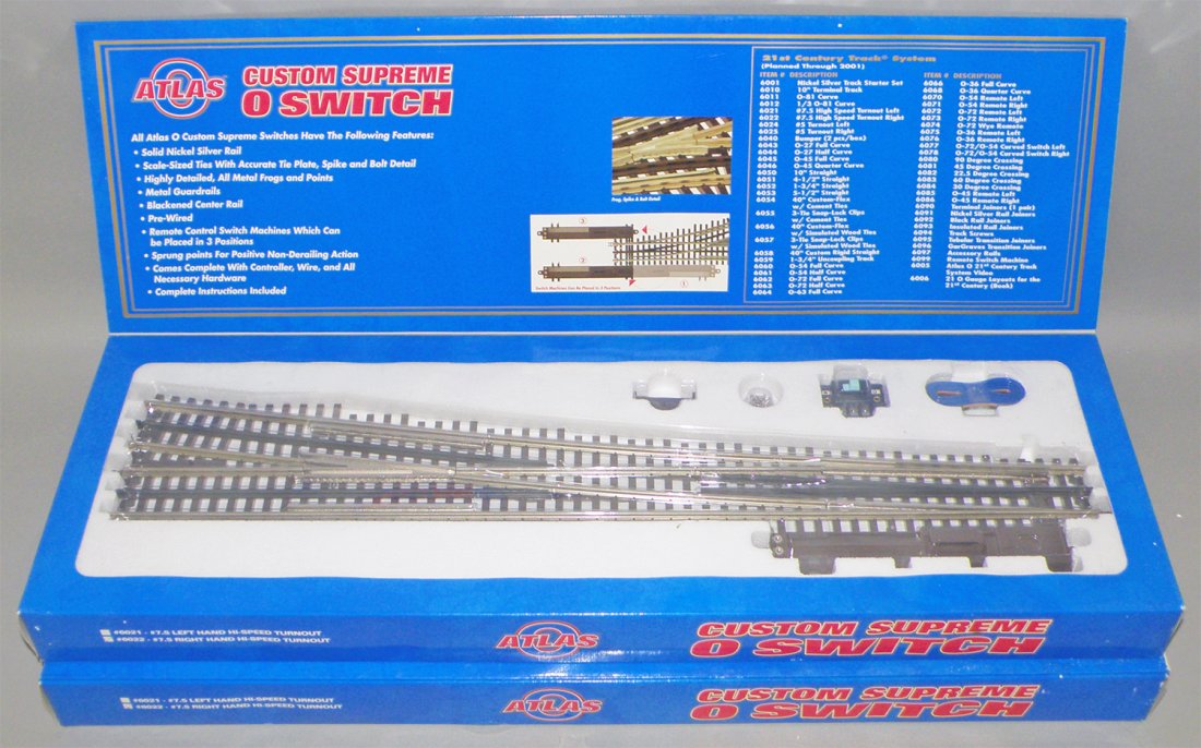 TWO BOXES OF ATLAS CUSTOM SUPREME O SWITCH: Unused O Scale, #6022 right hand turn out. Size: 25" long